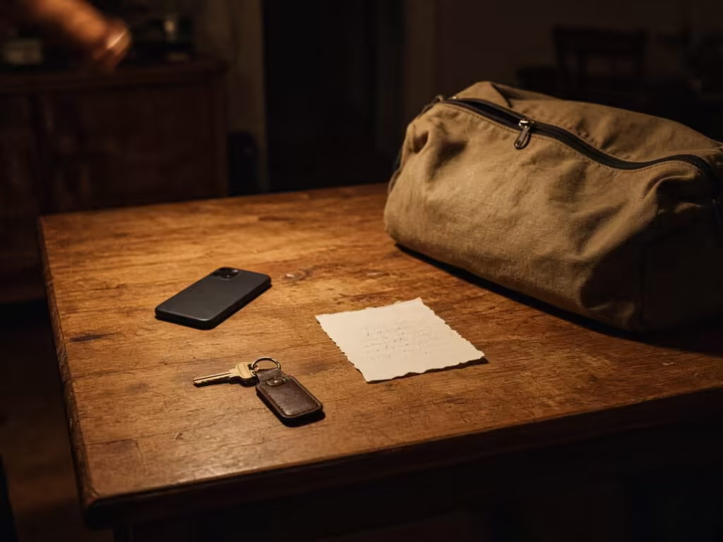 Sbalená taška, klíče, vzkaz a odložený telefon na stole večer před odjezdem